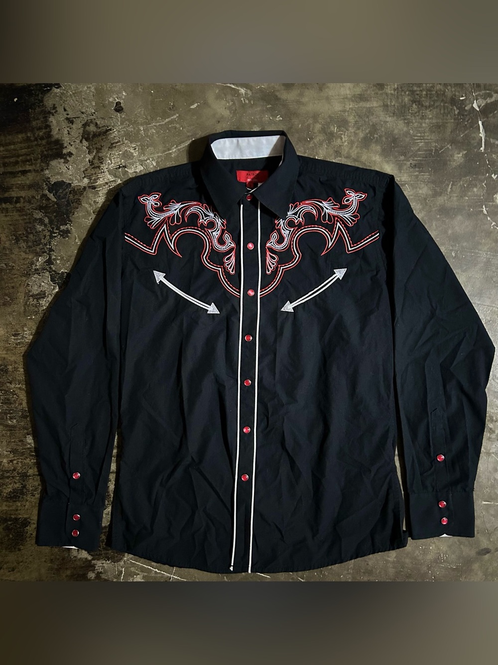 SMALL Y2K Patron Cito Red Label Black Button Up Embroidered Western Design